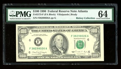 DBR 1990 $100 FRN Atlanta Fr. 2173-F PMG 64 Serial F38298026A - Image 1 of 2