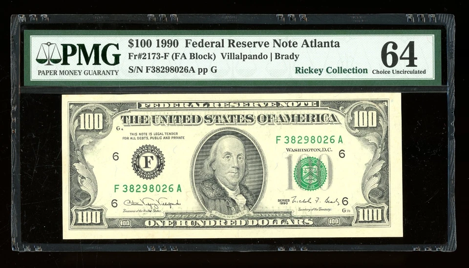 DBR 1990 $100 FRN Atlanta Fr. 2173-F PMG 64 Serial F38298026A - Image 1 of 2