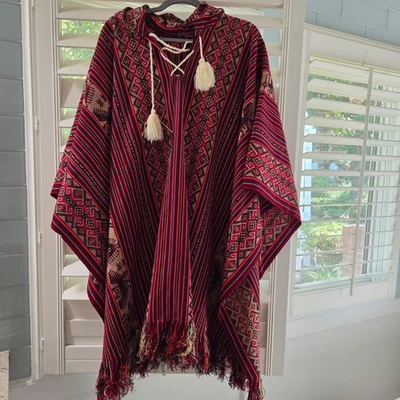 Hooded Poncho Festival Serape Aztec Southwest Geometric Blanket Boho Shawl - Image 1 of 4