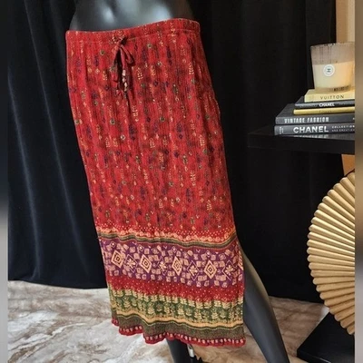 FALDA MIDI BOHO RAYÓN CREPONÓN VINTAGE AÑOS 80 NORTON MUJER ESTUDIO ROJA FLORAL TALLA 2X Foto 1 de 4