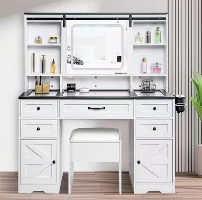 4-Drawers White Makeup Vanity Sets Dressing Table Sets with Stool, Mirror, LED - Image 1 of 4