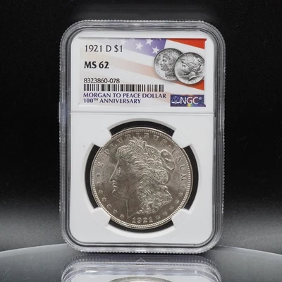 US Morgan dollar 1921 Denver D Lady Liberty NGC MS62 coin 90% Silver C5763 - Image 1 of 4