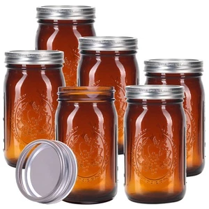 eleganttime Amber Glass Mason Jars 32 oz Wide Mouth 6 Pack Amber Quart Canning - Picture 1 of 6