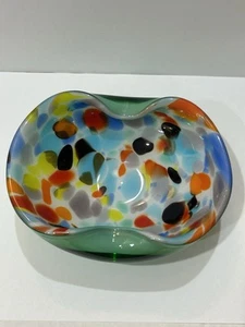 MURANO ART GLASS BRIGHT CONFETTI SIGNED CIGAR ASHTRAY 6.5” By 5” - Picture 1 of 4