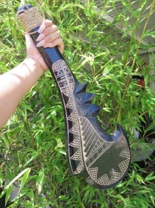 Hawaiian Engraved Hand Made Wall Decor Solid Wood Tribal Hook War Club Weapon - Picture 1 of 8