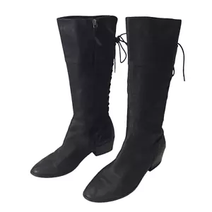 Wittner Size 42 Black Waxy Creased Leather Almond Toe Lace Up Back Knee Hi Boots - Picture 1 of 12