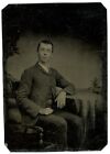CIRCA 1860'S Hand Tinted 1/6 PLate TINTYPE Handsome Man in Suit Sitting in Chair