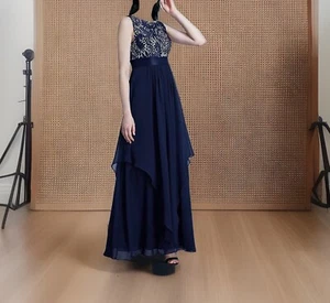 NWT Ever Pretty Size 12 Navy Blue Lace-Accent Drape-Front Sleeveless Maxi Dress - Picture 1 of 11