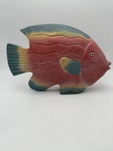 Cool Large Wood Scribbled Angel Fish Statue Coral Orange Yellow 80s Vibe - Picture 1 of 11