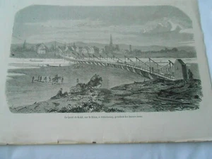 Gravure 1858 - Le Pont de Kehl sur le Rhin à Strasbourg pendant les basses eaux - Picture 1 of 1