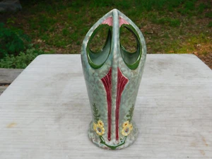 Antique Unusual Royal Dux Cathedral Window Vase 9.5" Triangle Acorn Hallmark - Picture 1 of 9