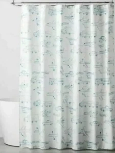 Pillowfort Flugzeuge und LKW weiß blau Stoff Duschvorhang 72" x 72"  - Bild 1 von 3