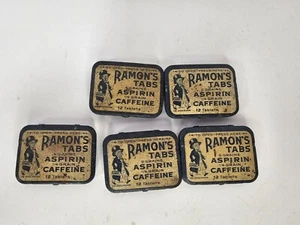 5 x Vintage Ramon's tabs Aspirin Caffeine 12 tablets pills pharmacy Tin 2 by 1.5 - Picture 1 of 2