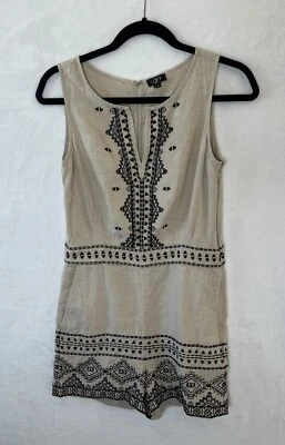 Ann Taylor Womens Linen Romper Size S 2P Beige Black Embroidered Beachy Festival - Image 1 of 4