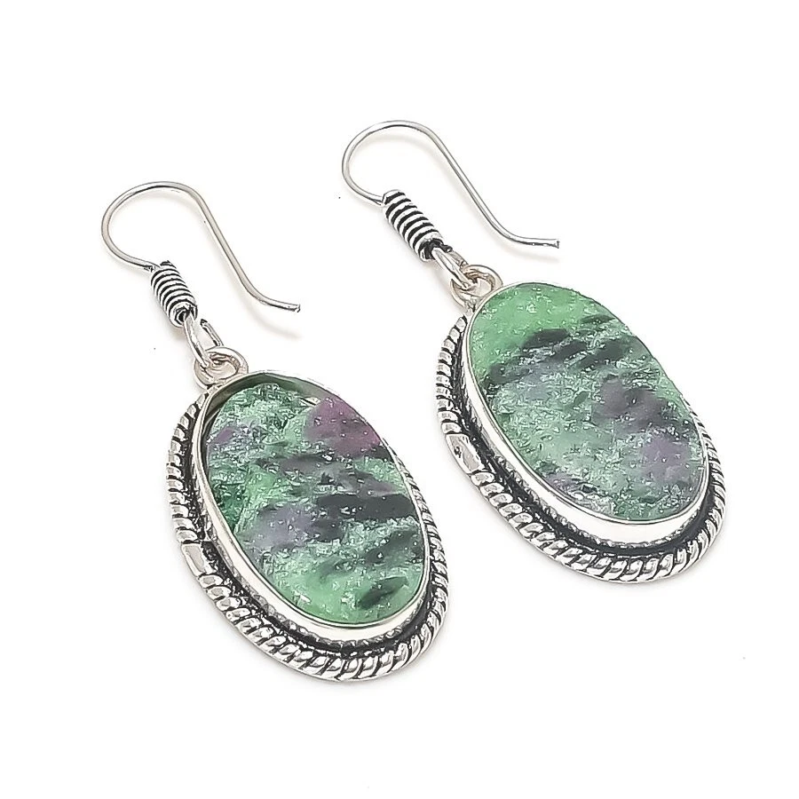 Ruby Zoisite Gemstone Handmade 925 Sterling silver Earring Size 1.75'' - Image 1 of 1