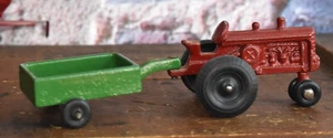 Vintage Die Cast Red Farm Tractor with Green Cart Metal Unmarked Toy - Picture 1 of 8