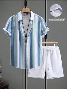 Manfinity Hypemode Striped Print Front Button Short Sleeve Shirt And Solid Color - Picture 1 of 10
