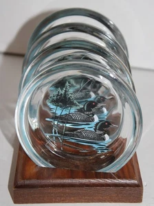 4er Set ~ JERRY RAEDEKE ~ rundes Glas ~ LOON ~ Getränke UNTERSETZER ~ mit HOLZHALTER - Bild 1 von 5