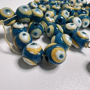 Vintage Handmade Ethnic Evil Eye Beads 47 pieces Blue & Yellow - Picture 1 of 13