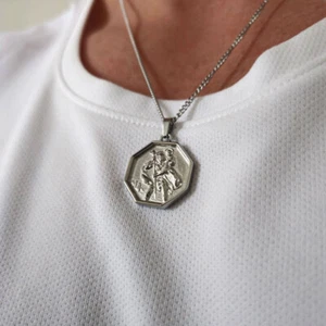 Silver St Christopher Pendant Necklace, Mens Necklace, Travel Necklace, - Picture 1 of 11