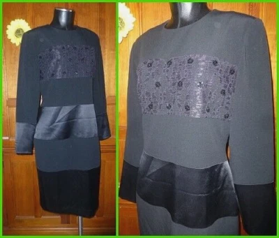 VESTIDO DE COLECCIÓN BILL BLASS Negro Lentejuelas Encaje Crepé Satinado Noche Fiesta Talla 8 M Foto 1 de 4