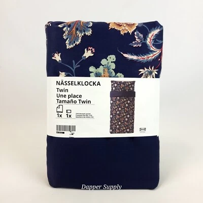 Ikea NASSELKLOCKA Twin Duvet Cover & 1 Pillowcase Bed Set Dark Blue Floral  New - Image 1 of 4