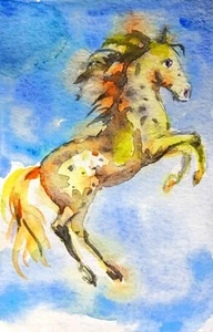 Horse Running art,original Watercolor painting Horse Lover Best gift 4x2.7" - Picture 1 of 5