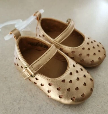 老式海军蓝女宝宝 0-3 3-6 个月玫瑰金心形婴儿床鞋平底鞋 #31823 — 第 1/4 张图片