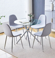 90cm Small Glass Round Kitchen Dining Table & 4 Fabric Chair Set - Chrome Legs