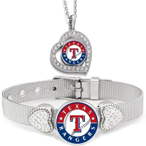 2PcSet Texas Rangers Womens Sterling Silver Necklace With Bracelet Cover