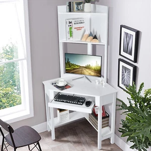 Giantex Corner Computer Desk Triangle Study Desk w/ Hutch & Keyboard Tray White - Picture 1 of 12