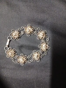 Antikes gesponnenes Sterlingsilber filagranes florales Design Armband 8 Zoll - Bild 1 von 5