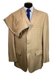 GIORGIO FIORELLI Mens Khaki Beige Check Pleated 2pc Suit 48L Jacket 42x30 Pant - Picture 1 of 16