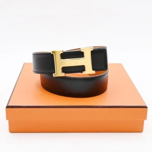 HERMES H Logo Constance Reversible Buckle Belt Leather #65 Black Brown 86RF366 - Picture 1 of 13