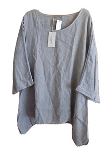 Valentina Naldi 100% Linen Top Crochet Sleeve Lagenlook Italy Gray SZ 3X New - Picture 1 of 13