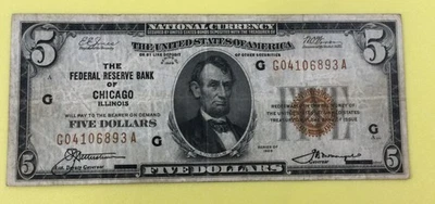 5$ Brown Seal, 1929 Fed Res Bank Note, Fr. 2301, Chicago, Ser# G04106893A - Image 1 of 4