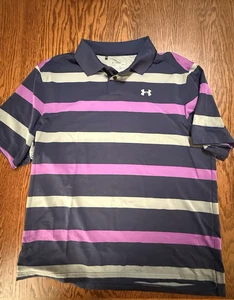 Under Armour Polo Shirt Men XL, Blue Purple Striped Golf Casual, See Note, Nice! - Picture 1 of 6