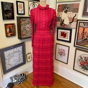 70s Vintage Joy Stevens Burgundy Lace Maxi Dress with Mutton Chop Sleeve Size S - Picture 1 of 8