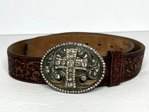 Justin Boots-C20555-Ladies Rhinestone Embellished Cross Brown Leather Belt - Picture 1 of 4