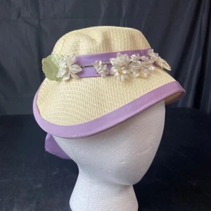 Straw Hat Flower Bouquet Tan With Purple Ribbon - Picture 1 of 7