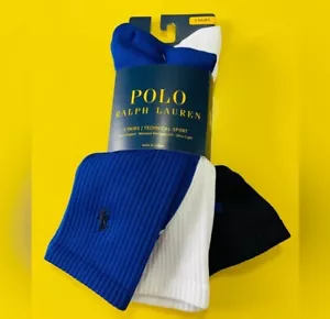 Polo Ralph Lauren Crew Socks 3 Pairs Technical Sport Black Blue White Size 10-13 - Picture 1 of 11