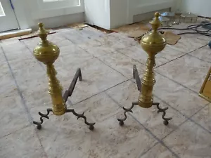 18th Century Antique Brass Fireplace Andirons 18.5" tall - Picture 1 of 8
