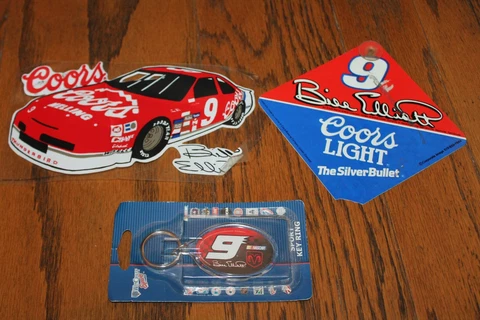 Lot of 3 Pieces Bill Elliott Memorabilia Race keychain #9 Coors Window Decal Cover