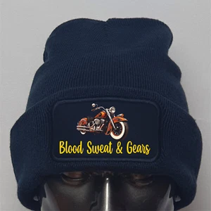 Funny Humorous Biker Harley Motorcycle Blood Sweat and Gears Premium Beanie hat - Picture 1 of 8
