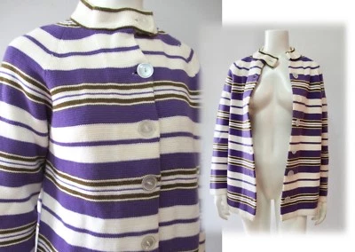 Vintage 60s 70s MOD Purple Striped Big Button Sweater Cardigan Jacket Coat S M - Image 1 of 4