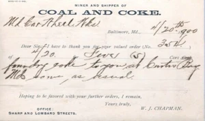 W. J. CHAPMAN COAL & COKE? - Baltimore, MD 1900 postal card - Picture 1 of 2