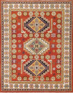 Orange/ Ivory Geometric Kazak Oriental Area Rug 7x8 Hand-knotted Oriental Carpet
