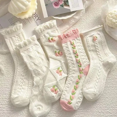 5 pares de calcetines cortos de algodón con volantes blancos dulces lolita lindos calcetines de verano para mujer Foto 1 de 4