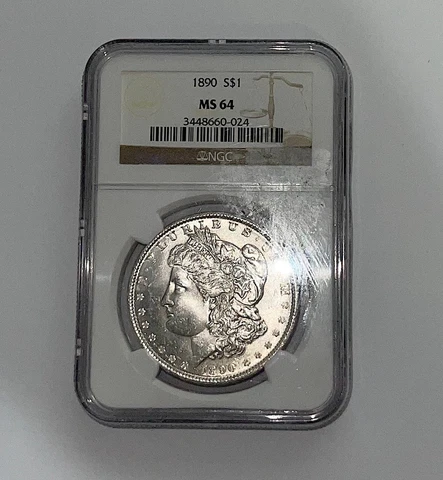 1890 SILVER MORGAN DOLLAR PCGS NEAR GEM MS64 BLAST WHITE  Nice bright silver! Cover