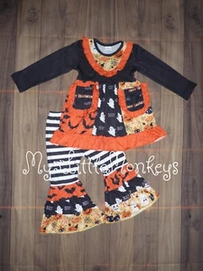 NEW Boutique Halloween Ruffle Tunic Dress & Bell Bottoms Girls Outfit Set - Picture 1 of 6